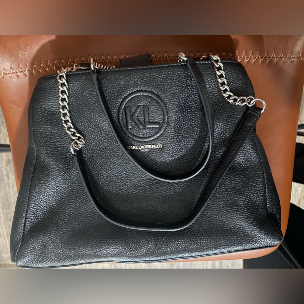 Karl Lagerfeld Black Pebbled Leather Tote Bag with Chain Handles
